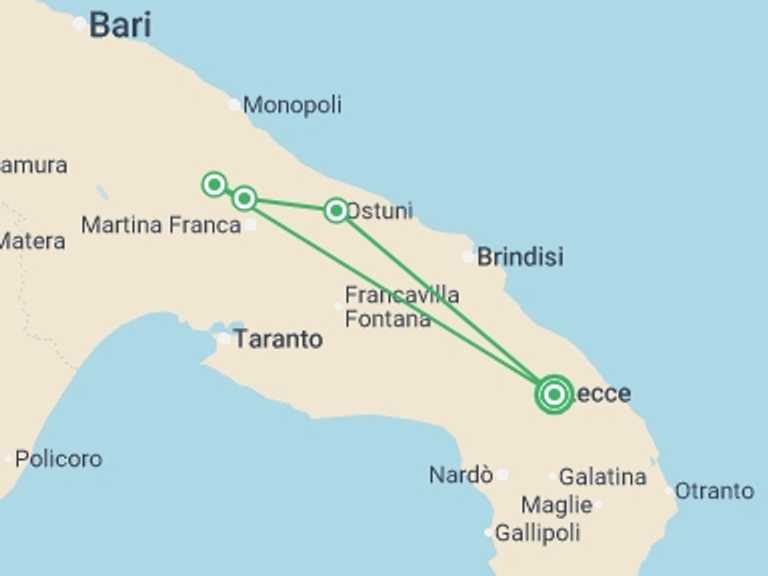 Map itinerary of Mediterranean Tour in September 2026 with 1 destination visits for the trip: Discovering Lecce
