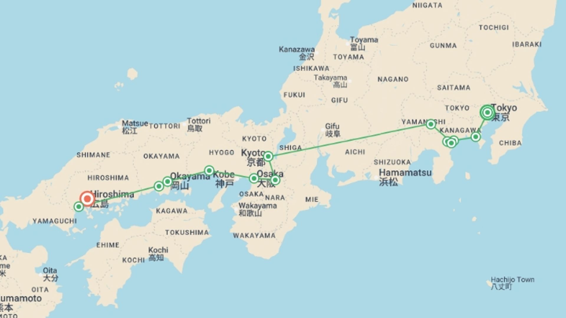 A map showing the tour itinerary for the trip: Essential Japan and Hakone end Hiroshima, starting in Tokyo, Japan and ending in Hiroshima, Japan going through 5 other destinations.