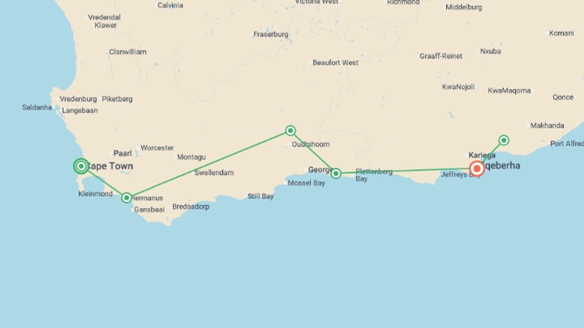 A map showing the tour itinerary for the trip: Discover South Africa's Garden Route, starting in Cape Town, South Africa and ending in Gqeberha, South Africa going through 5 other destinations.
