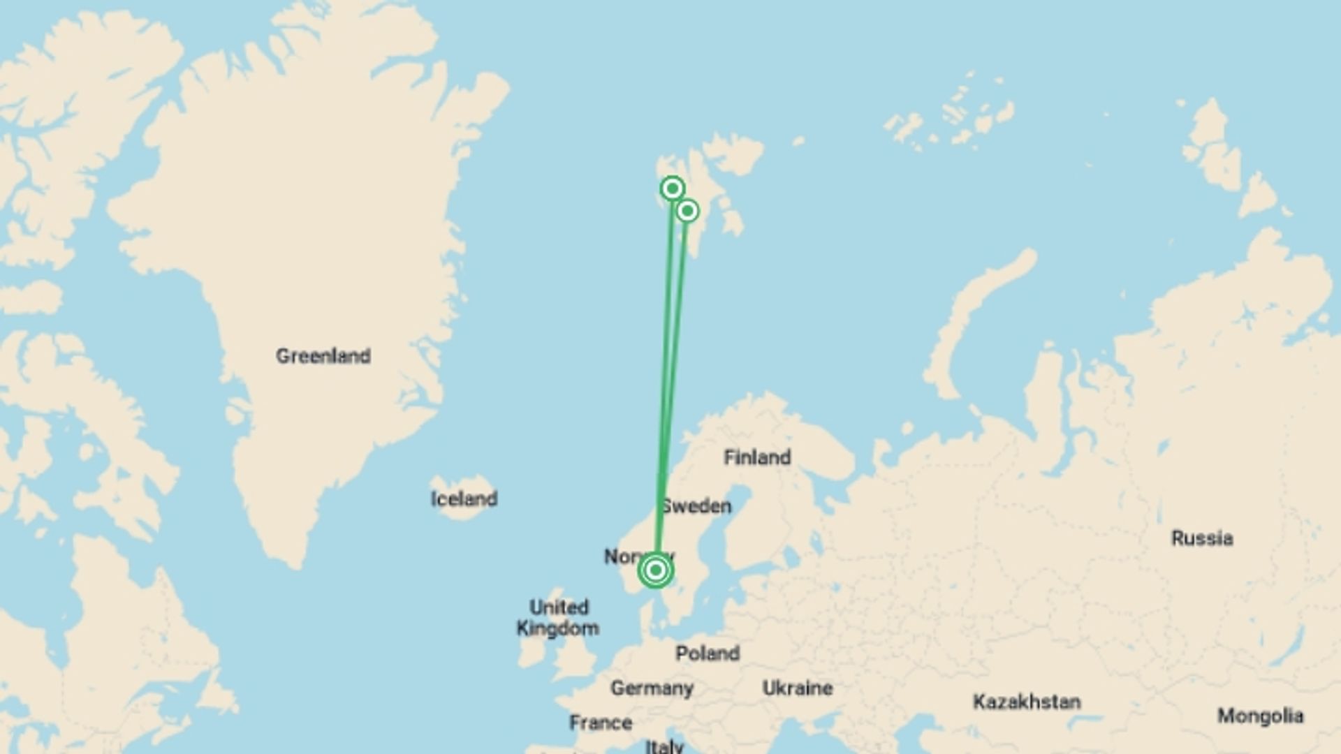 A map showing the tour itinerary for the trip: Svalbard In Depth - M/V Sylvia Earle, starting in Oslo, Norway and ending in Oslo, Norway going through 2 other destinations.