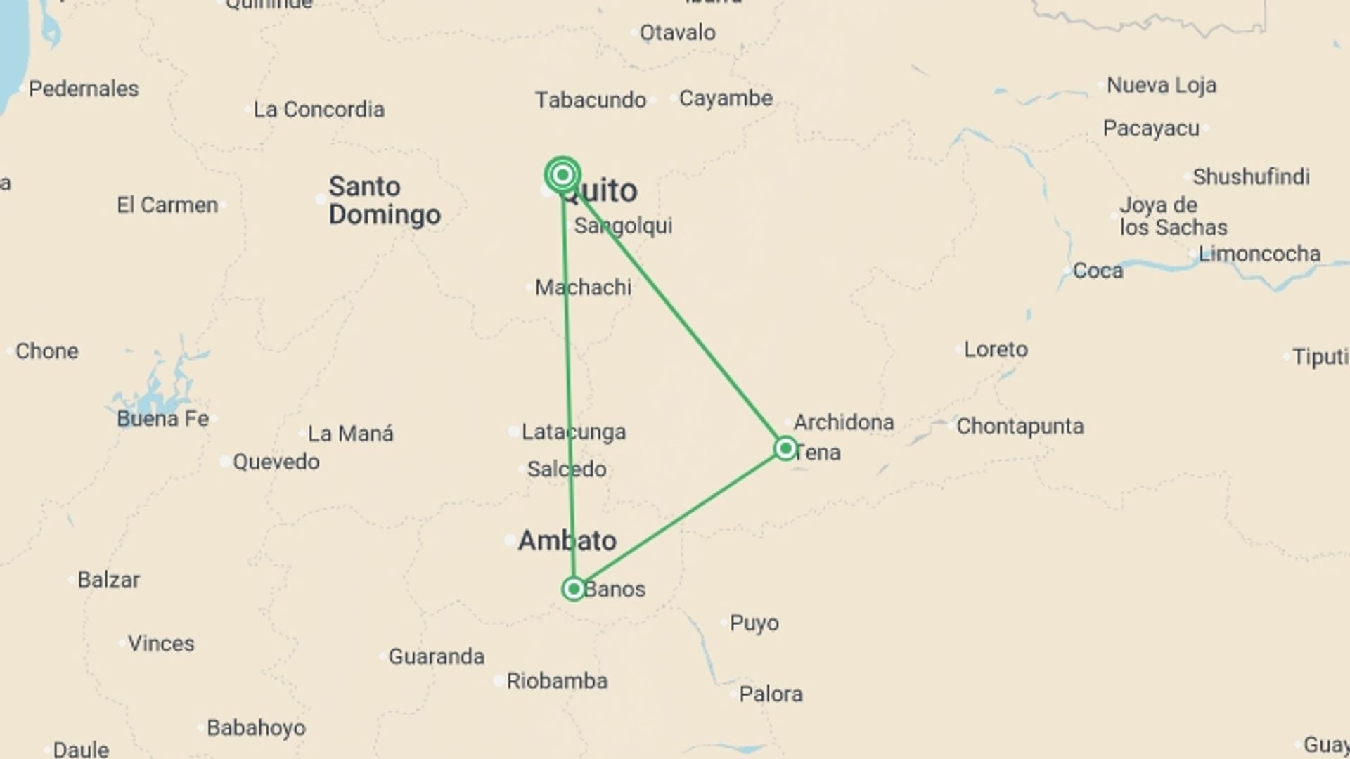 A map showing the tour itinerary for the trip: Ecuador in a Week, starting in Quito, Ecuador and ending in Quito, Ecuador going through 3 other destinations.