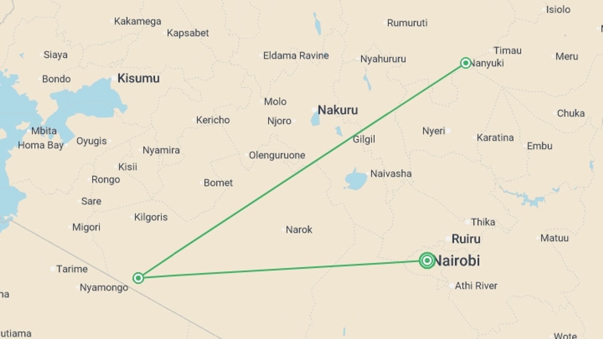 A map showing the tour itinerary for the trip: Kenya: Cultural Connections, Mt Kenya & Maasai Mara, starting in Nairobi, Kenya and ending in Nairobi, Kenya going through 2 other destinations.