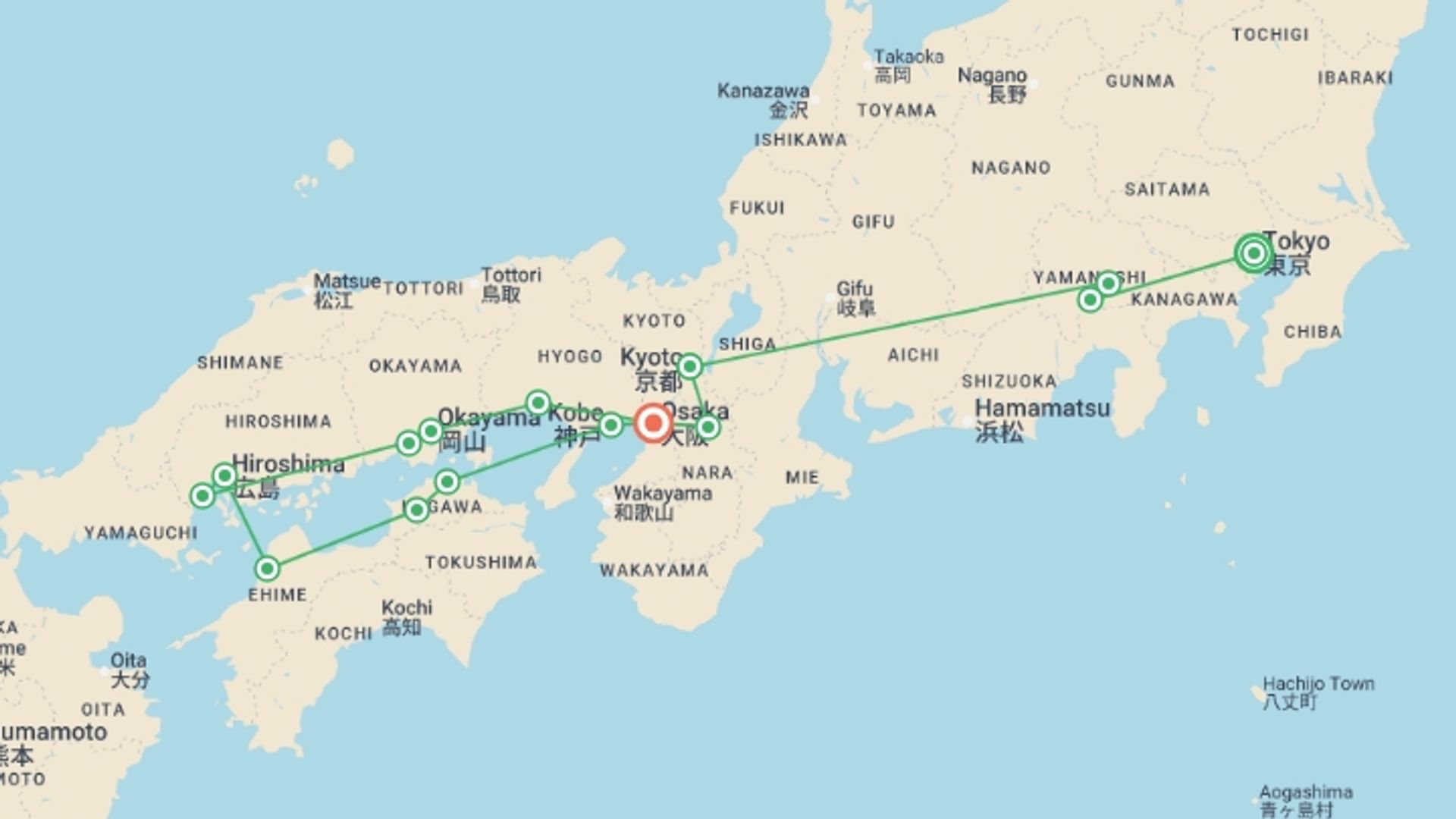 A map showing the tour itinerary for the trip: Magic of Japan, starting in Tokyo, Japan and ending in Osaka, Japan going through 6 other destinations.