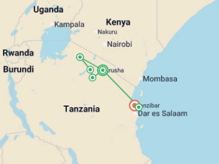 Map of 10-Day Africa Tour with 6 destination visits for the trip: Incredible Tanzania: Serengeti to Zanzibar