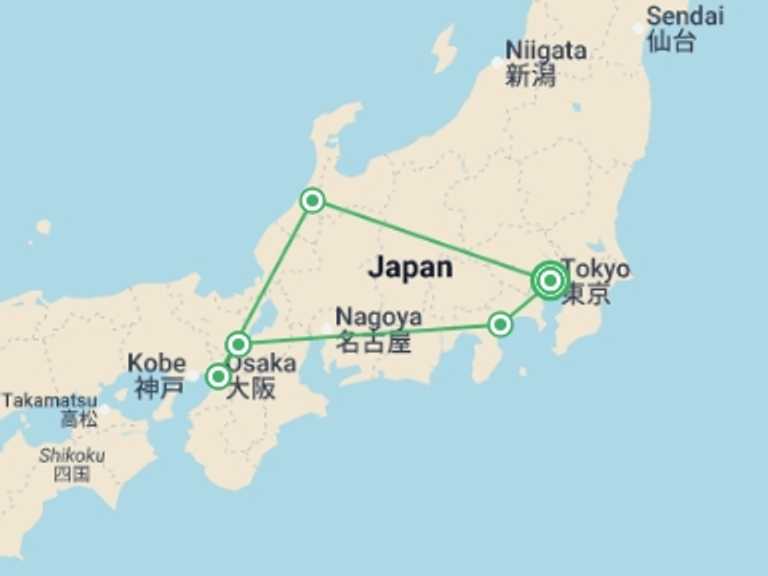 Map itinerary of Asia Tour in October 2026 with 5 destination visits for the trip: Tokyo, Kanazawa & Osaka (3 Star) - 10 days 