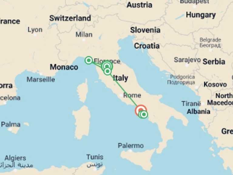 Map of Naples City sightseeing Tour with 6 destination visits for the trip: Best of Italy: Tuscany, Cinque Terre & The Amalfi Coast
