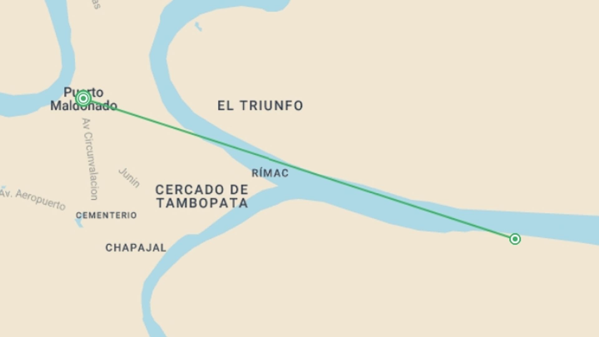 A map showing the tour itinerary for the trip: Puerto Maldonado Amazon Eco-Lodge 5D/4N (from Puerto Maldonado), starting in Puerto Maldonado, Peru and ending in Puerto Maldonado, Peru going through 2 other destinations.