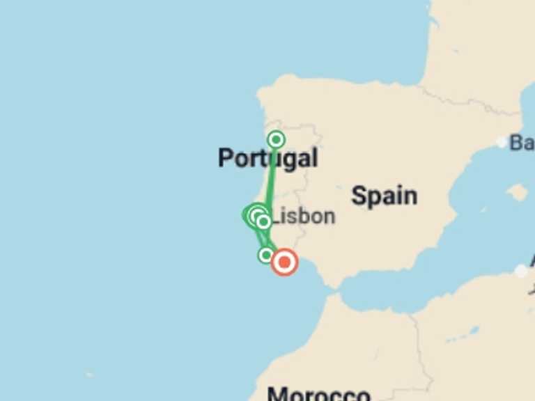 Map itinerary of Europe Tour in April 2026 with 6 destination visits for the trip: Cycle Portugal - Lisbon to Algarve