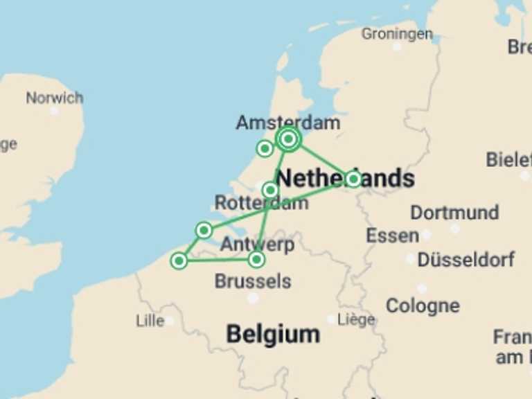 Map of Holland Tour with 6 destination visits for the trip: Holland and Belgium Springtime River Cruise