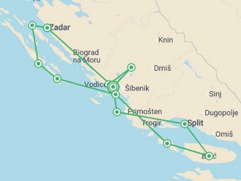 Map itinerary of Europe Tour in Fall with 7 destination visits for the trip: Dalmatian Highlights Zadar And Split Region Cruise (standard Boat Category)