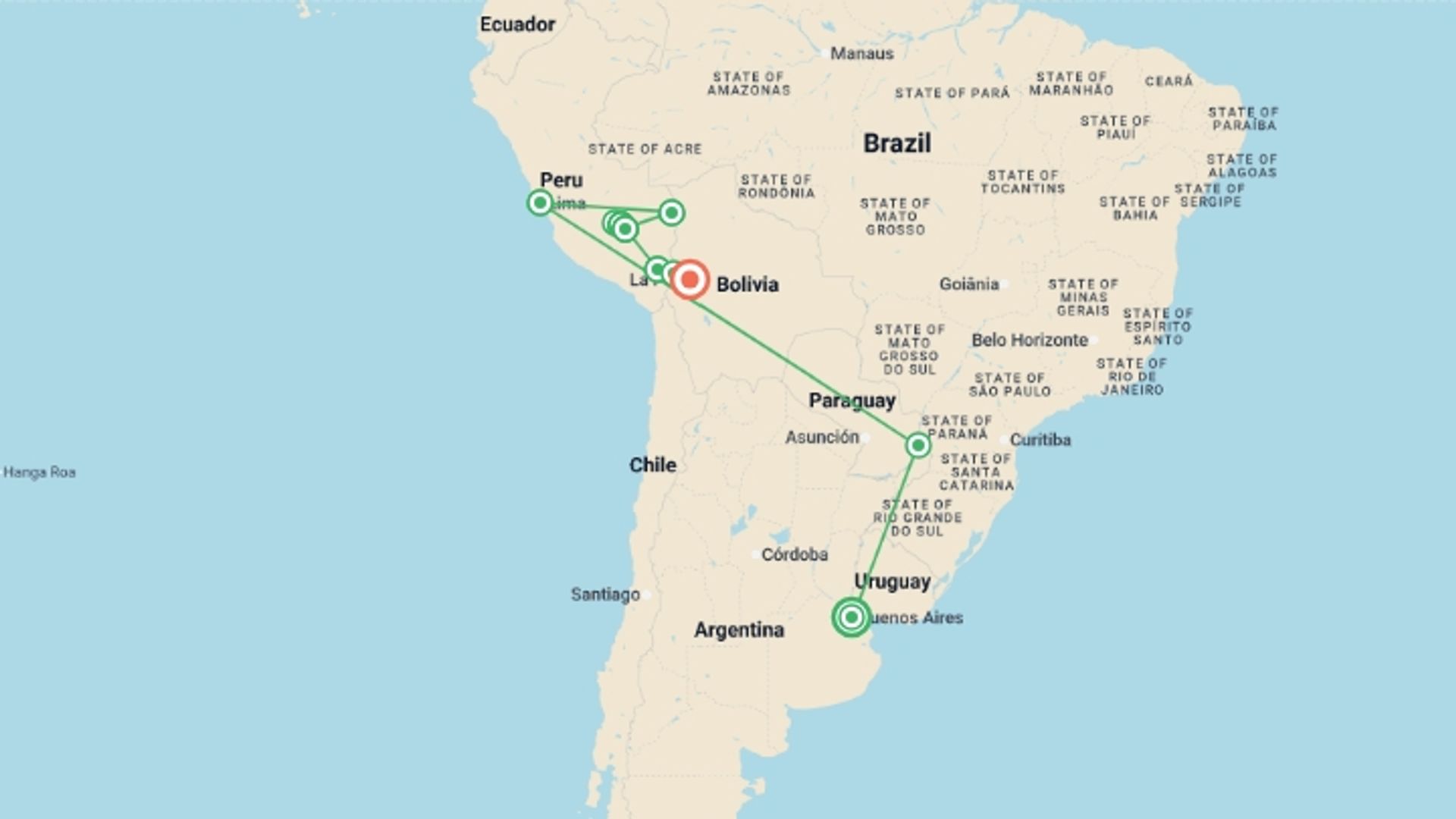A map showing the tour itinerary for the trip: Best of South America, starting in Buenos Aires, Argentina and ending in La Paz, Bolivia going through 8 other destinations.