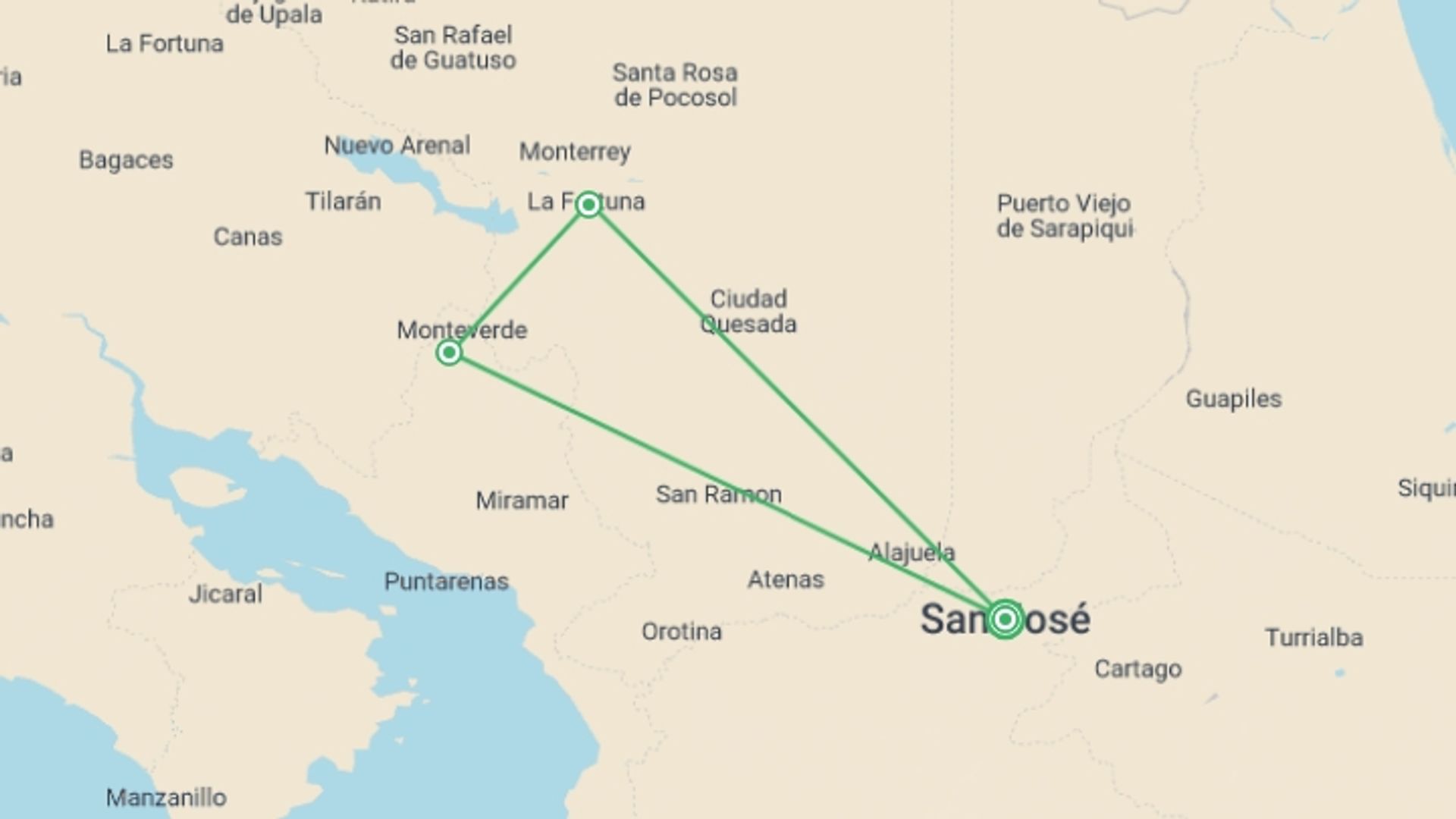 A map showing the tour itinerary for the trip: Costa Rica: Monteverde and La Fortuna, starting in San Jose, Costa Rica and ending in San Jose, Costa Rica going through 2 other destinations.