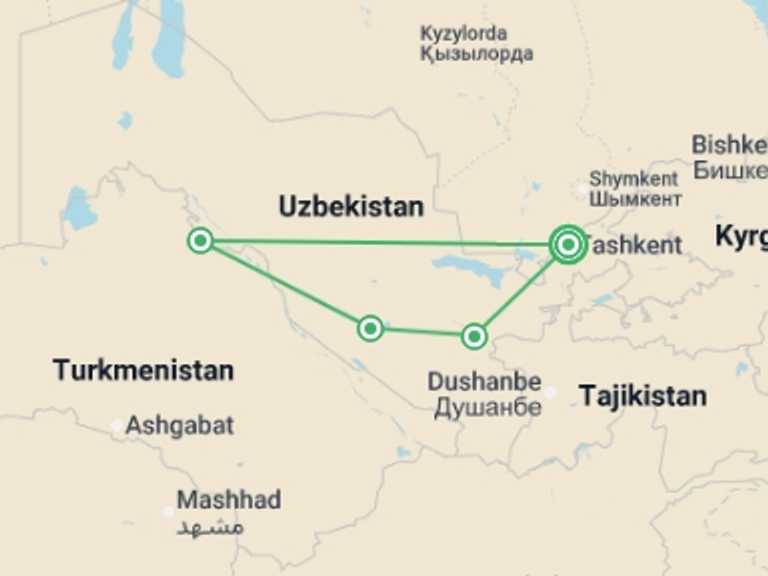 Map itinerary of Uzbekistan Tour in October 2026 with 4 destination visits for the trip: Premium Uzbekistan