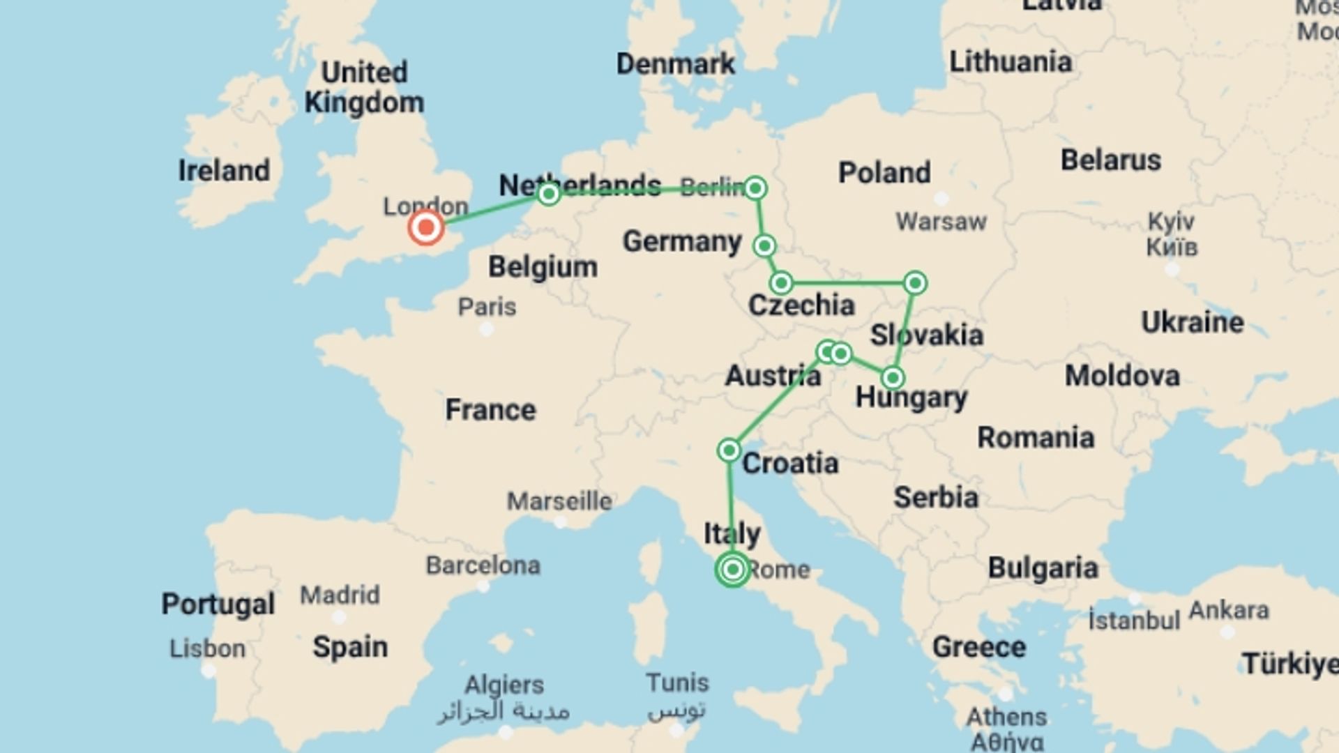 A map showing the tour itinerary for the trip: Get Social: Central & Eastern Europe Highlights, starting in Rome, Italy and ending in London, England going through 7 other destinations.