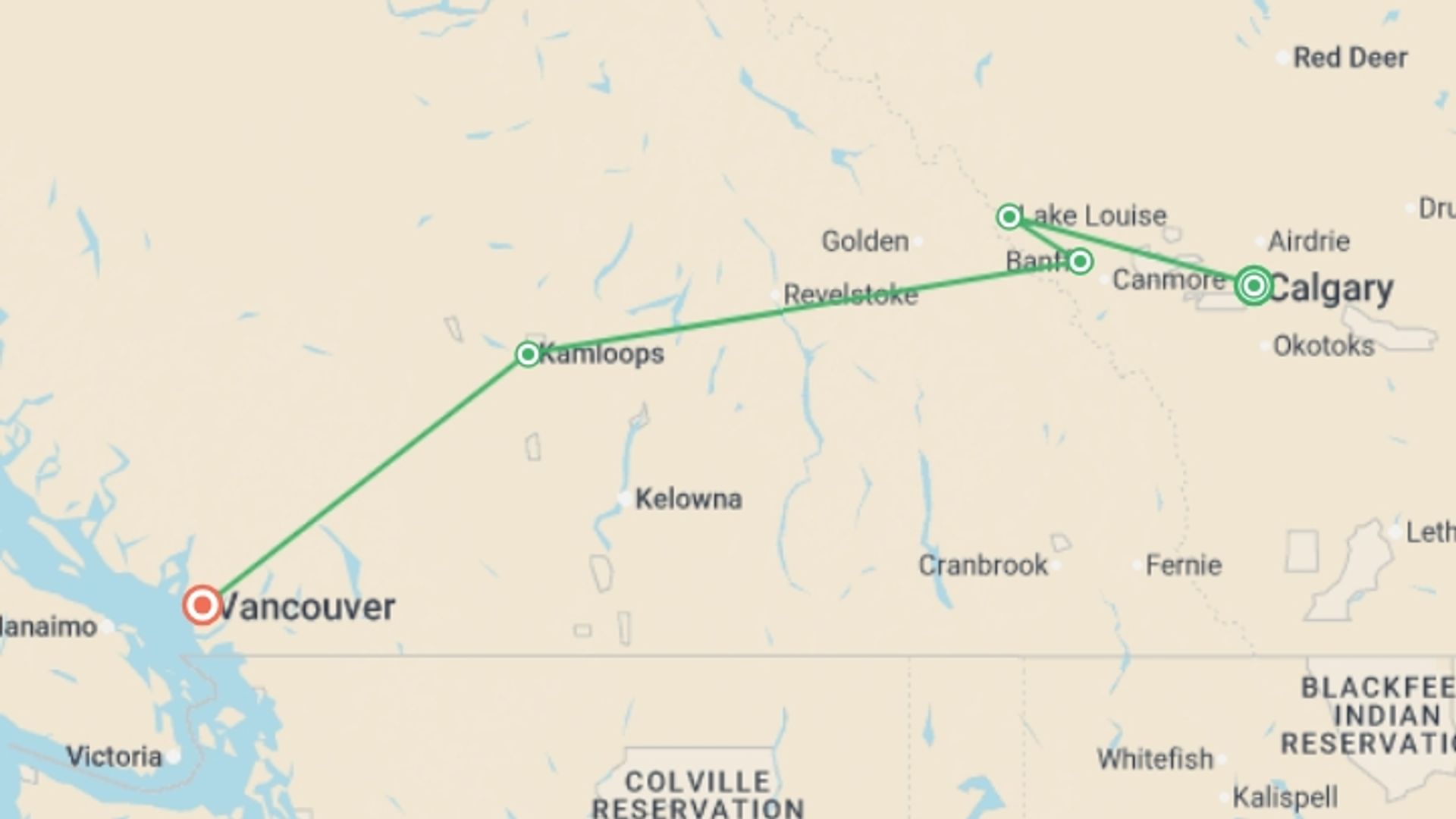 A map showing the tour itinerary for the trip: Canadian Rockies featuring Rocky Mountaineer Eastbound, starting in Calgary, Canada and ending in Vancouver, Canada going through 3 other destinations.