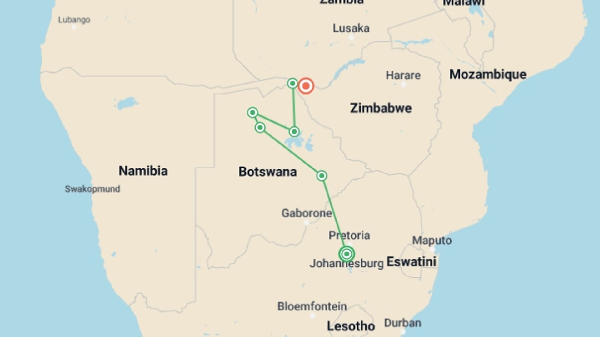 A map showing the tour itinerary for the trip: Botswana and Falls Overland: Wildlife Walks & Safari Drives, starting in Johannesburg, South Africa and ending in Victoria Falls, Zimbabwe going through 5 other destinations.