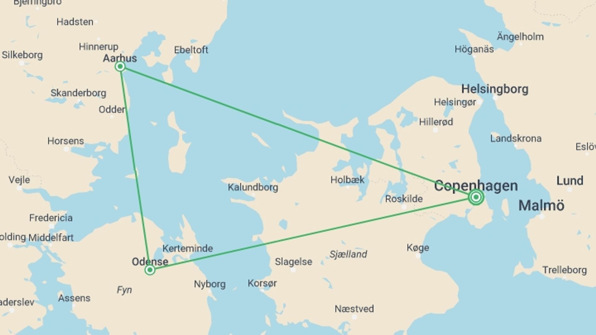 A map showing the tour itinerary for the trip: Best of Denmark By Train - 8 days, starting in Copenhagen, Denmark and ending in Copenhagen, Denmark going through 2 other destinations.