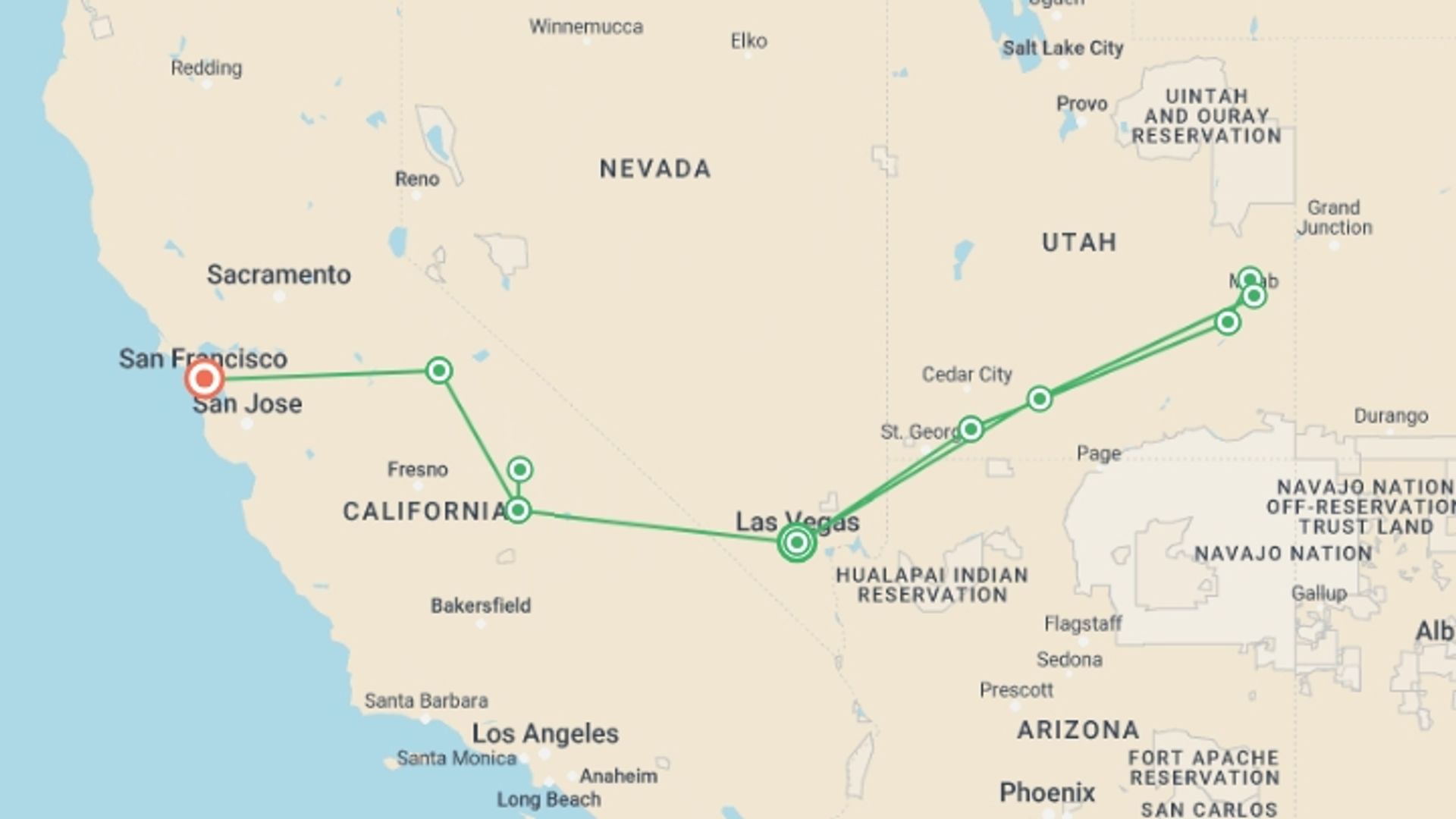 A map showing the tour itinerary for the trip: Hiking the Best of the West's National Parks, starting in Las Vegas, USA and ending in San Francisco, USA going through 8 other destinations.