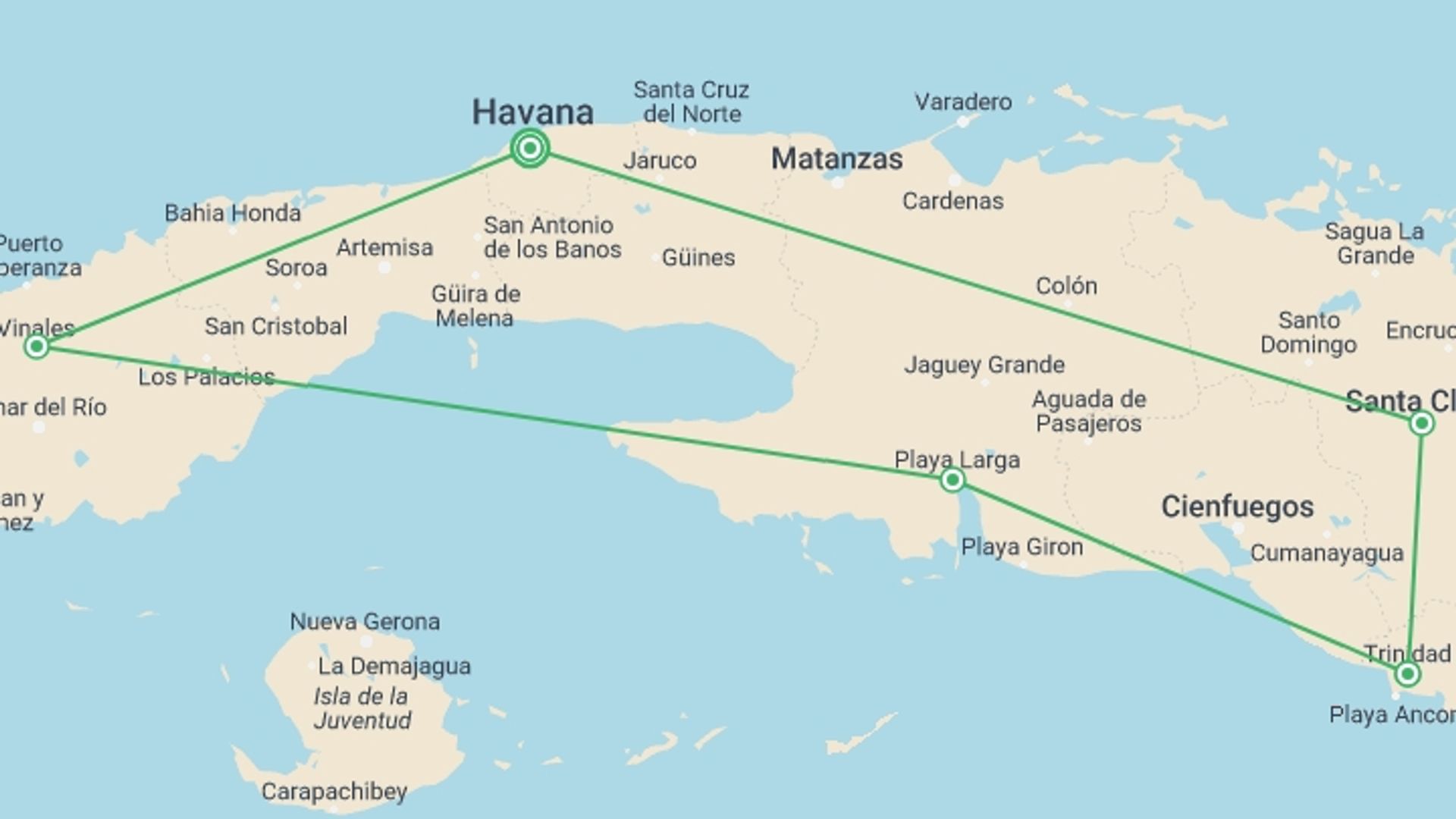 A map showing the tour itinerary for the trip: Biking Cuba, starting in Havana, Cuba and ending in Havana, Cuba going through 4 other destinations.