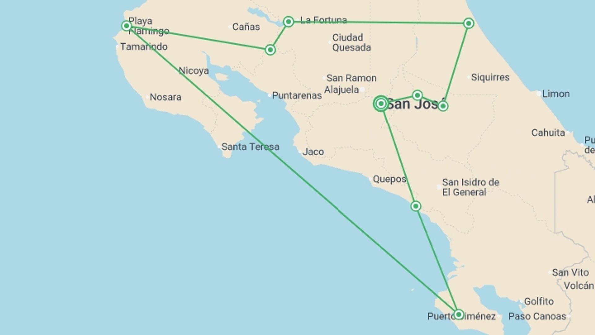 A map showing the tour itinerary for the trip: Upgraded - Costa Rica Wildlife, starting in San Jose, Costa Rica and ending in San Jose, Costa Rica going through 8 other destinations.