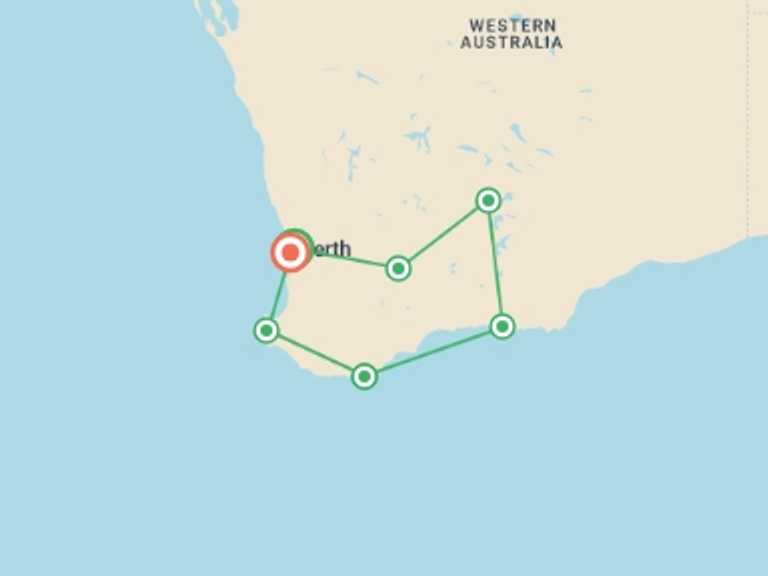 Map itinerary of Oceania Tour in May 2027 with 7 destination visits for the trip: South Western Escape