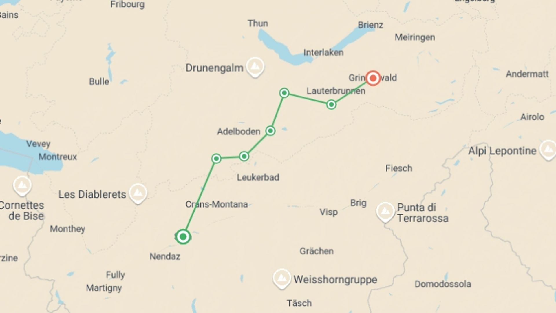 A map showing the tour itinerary for the trip: High Trails of the Bernese Oberland Guided Hike, starting in Sion, Switzerland and ending in Grindelwald, Switzerland going through 6 other destinations.