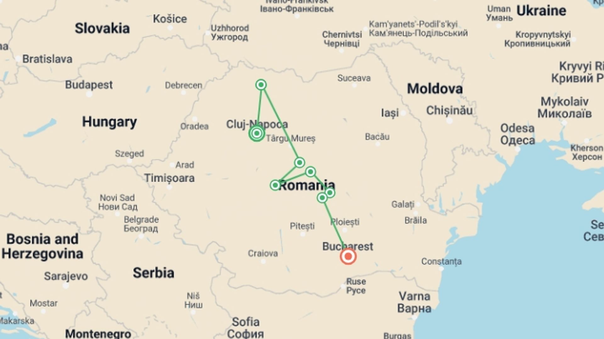 A map showing the tour itinerary for the trip: Highlights of Romania, starting in Cluj-napoca, Romania and ending in Bucharest, Romania going through 6 other destinations.
