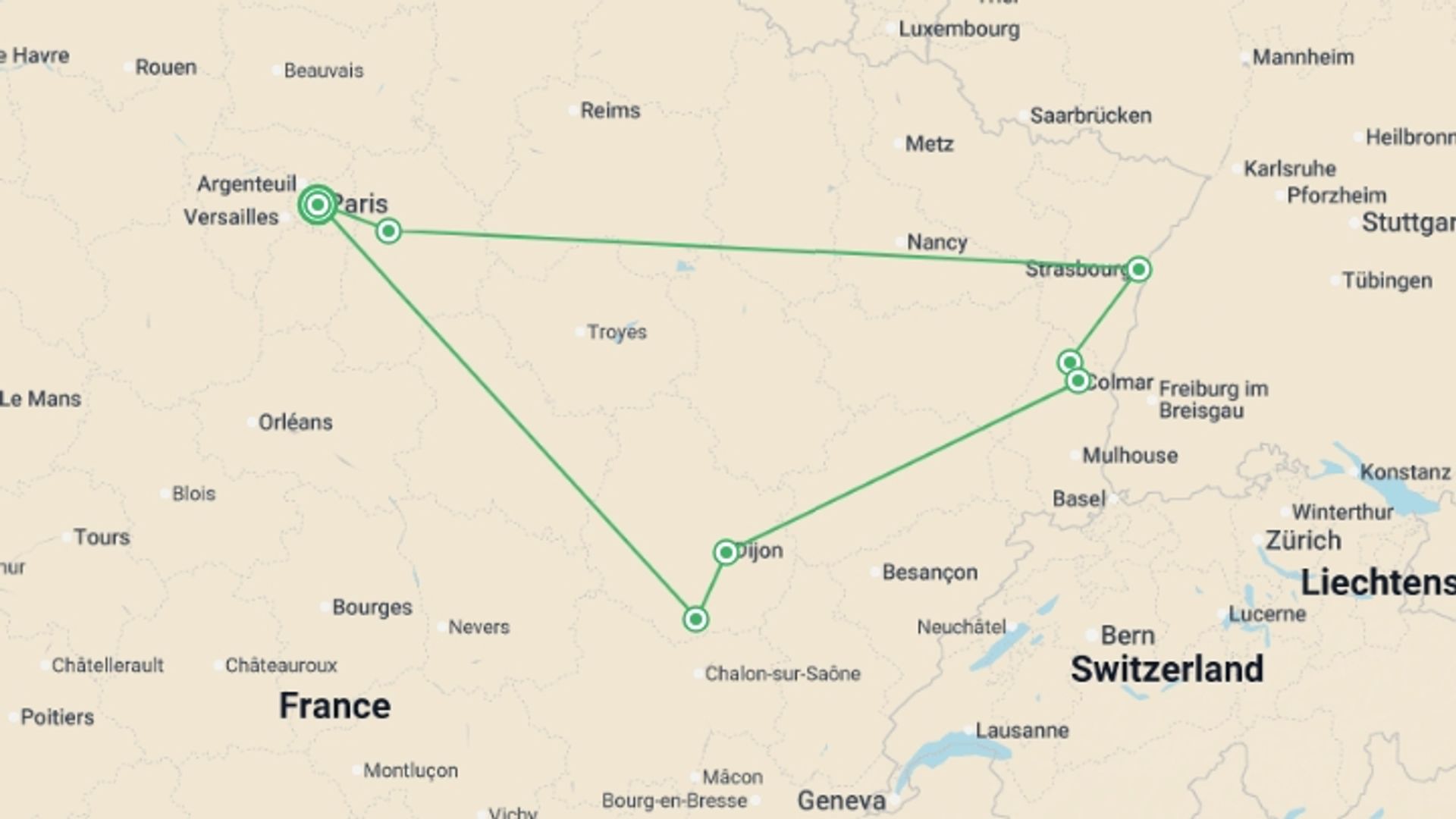 A map showing the tour itinerary for the trip: Charms of Burgundy and Alsace, starting in Paris, France and ending in Paris, France going through 2 other destinations.