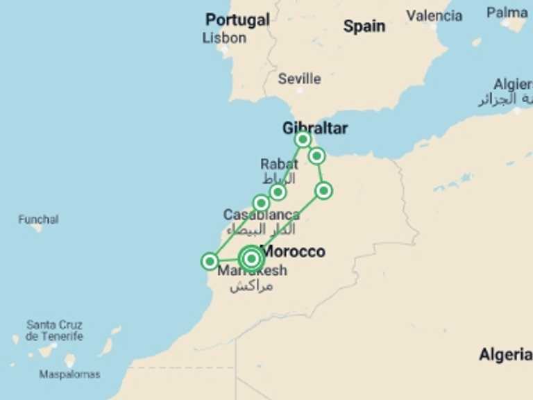 Map of 14-Day Marrakech Tour with 7 destination visits for the trip: Classical Morocco - 14 days
