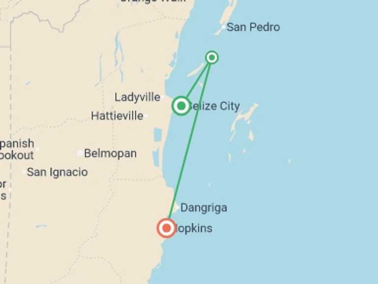 Map itinerary of North America Tour in September 2027 with 3 destination visits for the trip: Island-hopping and Sailing Belize: Beach Days & Starry Nights