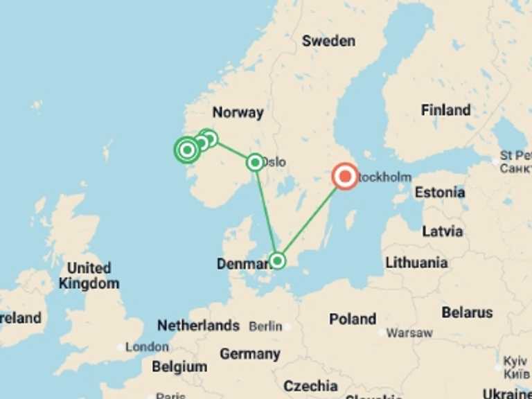 Map itinerary of Scandinavia Tour in October 2026 with 5 destination visits for the trip: Discover Scandinavia