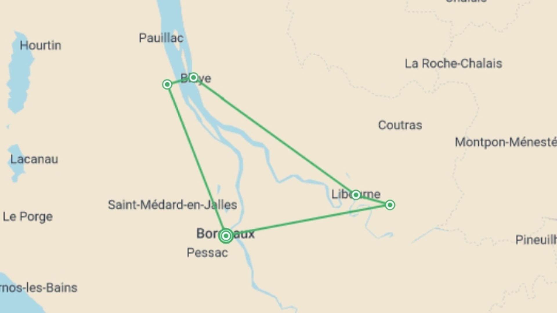 A map showing the tour itinerary for the trip: Oenological cruise: At the heart of a prestigious wine region (port-to-port cruise), starting in Bordeaux, France and ending in Bordeaux, France going through 3 other destinations.