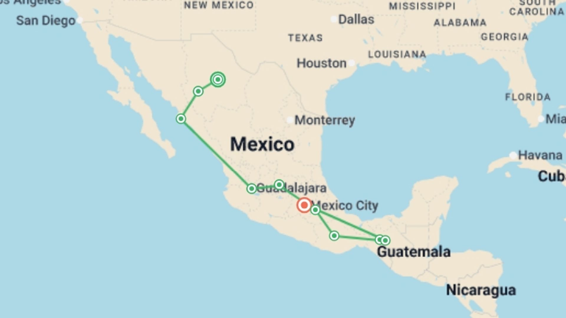 A map showing the tour itinerary for the trip: Discover Your Mexico, starting in Chihuahua, Mexico and ending in Mexico City, Mexico going through 8 other destinations.