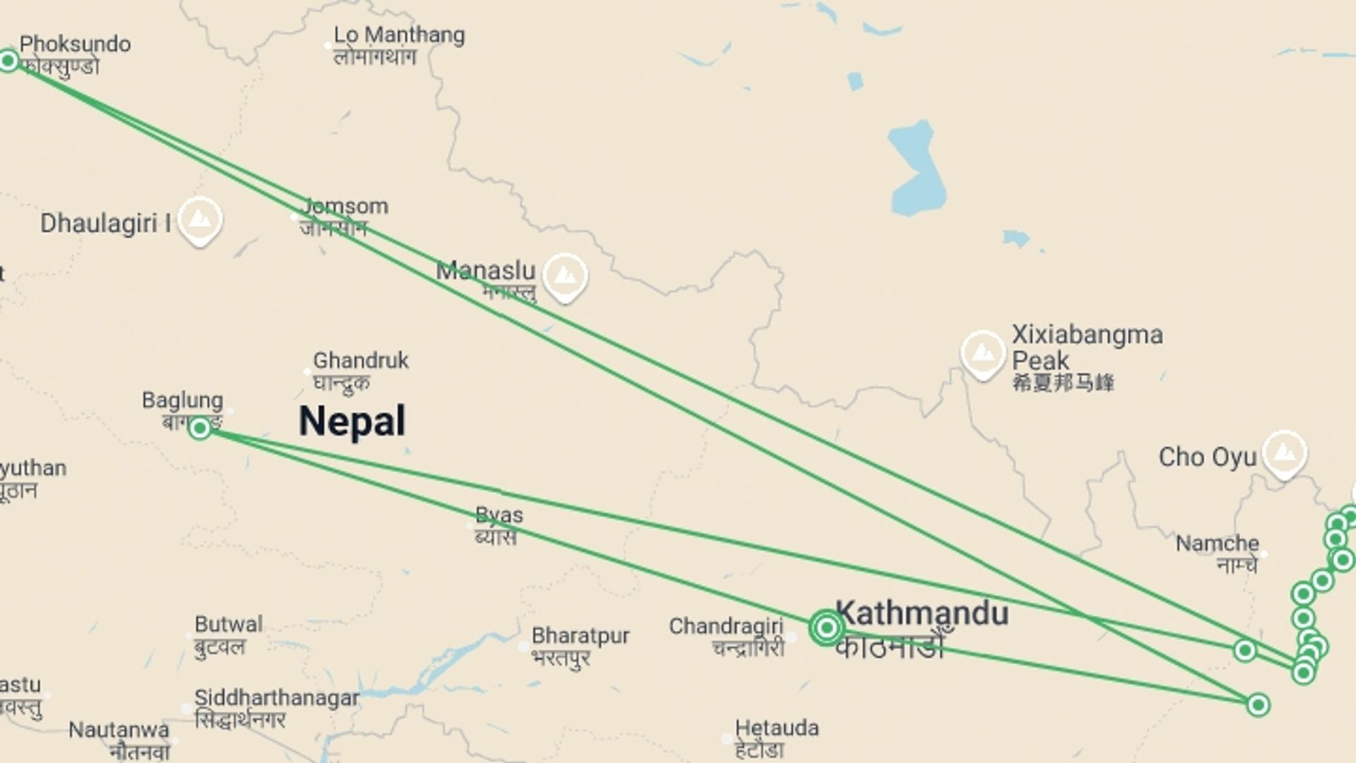 A map showing the tour itinerary for the trip: Everest Base Camp, starting in Kathmandu, Nepal and ending in Kathmandu, Nepal going through 15 other destinations.