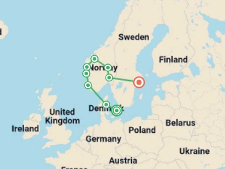 Map of Scandinavia Tour with 9 destination visits for the trip: Scenic Scandinavia and its Fjords