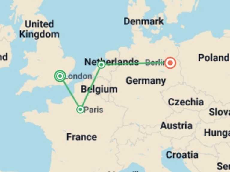 Map itinerary of London Tour in Fall with 4 destination visits for the trip: London to Berlin by Train