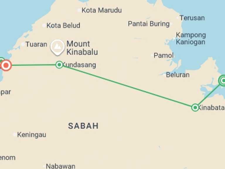 Map itinerary of Asia Tour in January 2027 with 5 destination visits for the trip: Borneo Premium Family Holiday
