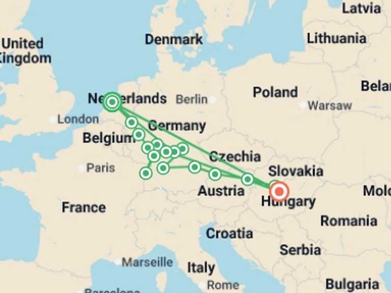 Map itinerary of Europe Tour in April 2027 with 16 destination visits for the trip: Cruise across Europe from Amsterdam to Budapest (port-to-port cruise)