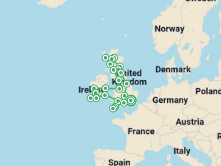 Map itinerary of Europe Tour in April 2027 with 14 destination visits for the trip: Britain and Ireland Panorama - Signature