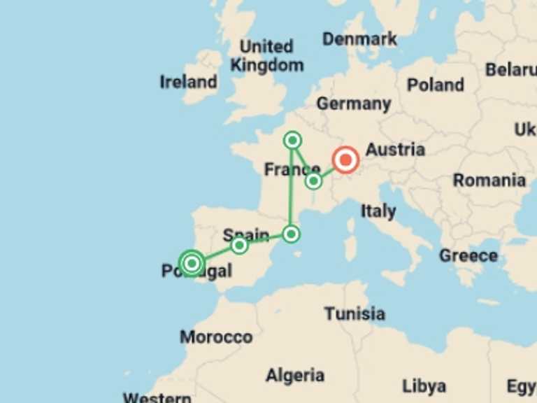 Map of 14-Day Madrid Tour with 6 destination visits for the trip: European Spotlight end Zurich