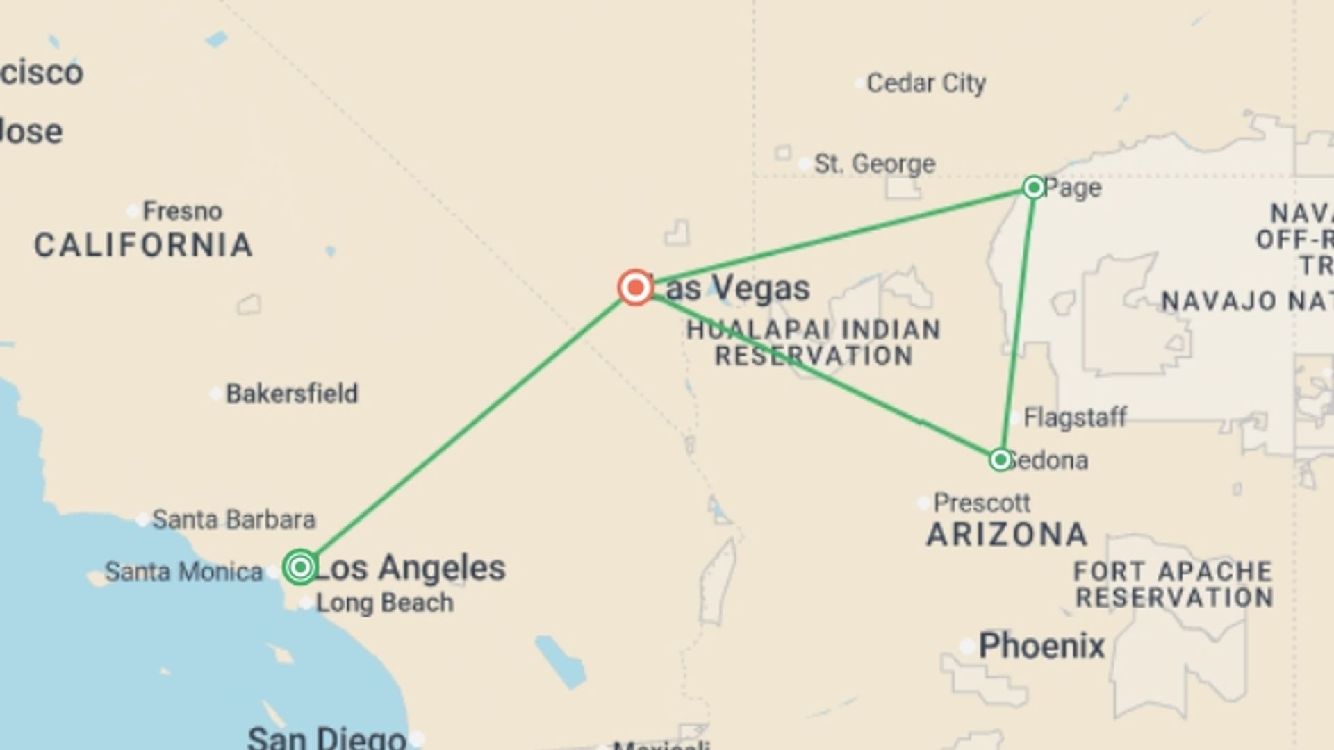 A map showing the tour itinerary for the trip: LA to Monument Valley & Vegas - 5 days, starting in Los Angeles, USA and ending in Las Vegas, USA going through 2 other destinations.