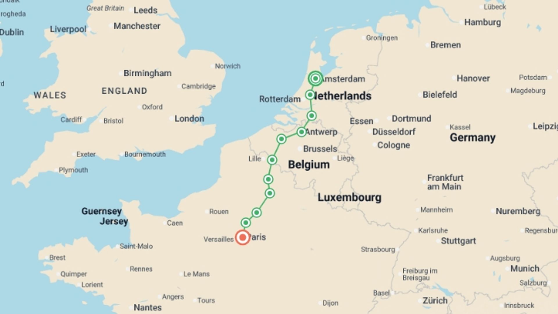 A map showing the tour itinerary for the trip: Cycle Amsterdam to Paris, starting in Amsterdam, Holland and ending in Paris, France going through 9 other destinations.