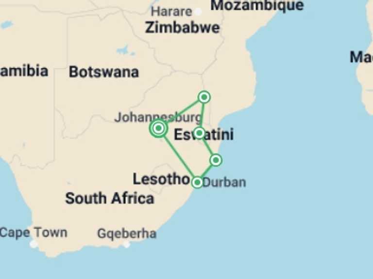Map itinerary of South Africa Tour in July 2027 with 5 destination visits for the trip: Kruger Safari with Eswatini