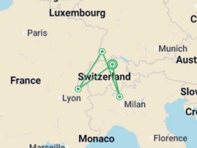 Map of Europe Tour with 4 destination visits for the trip: Swiss Landscapes Castles, Lakes, and Peaks - 6 days