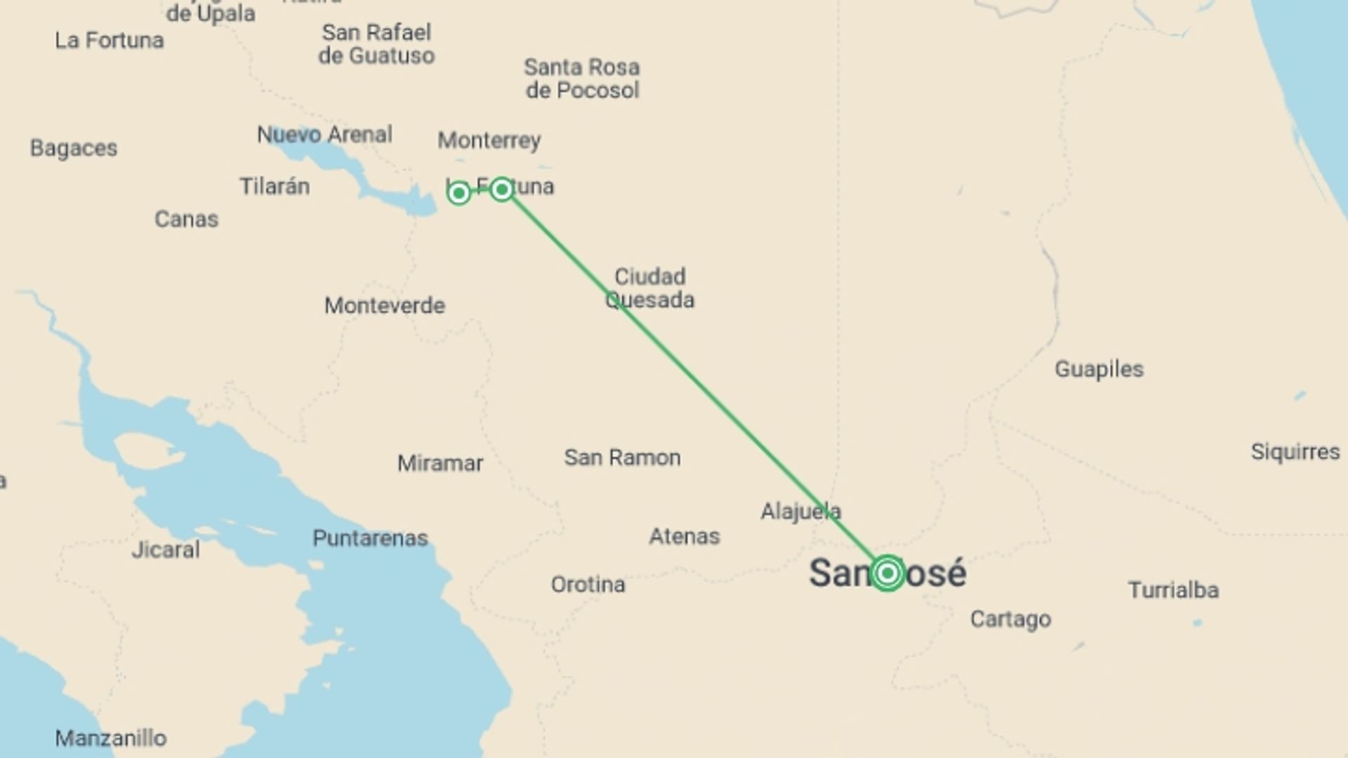 A map showing the tour itinerary for the trip: Costa Rica Volcano Adventure 4D/3N, starting in San Jose, Costa Rica and ending in San Jose, Costa Rica going through 1 other destinations.