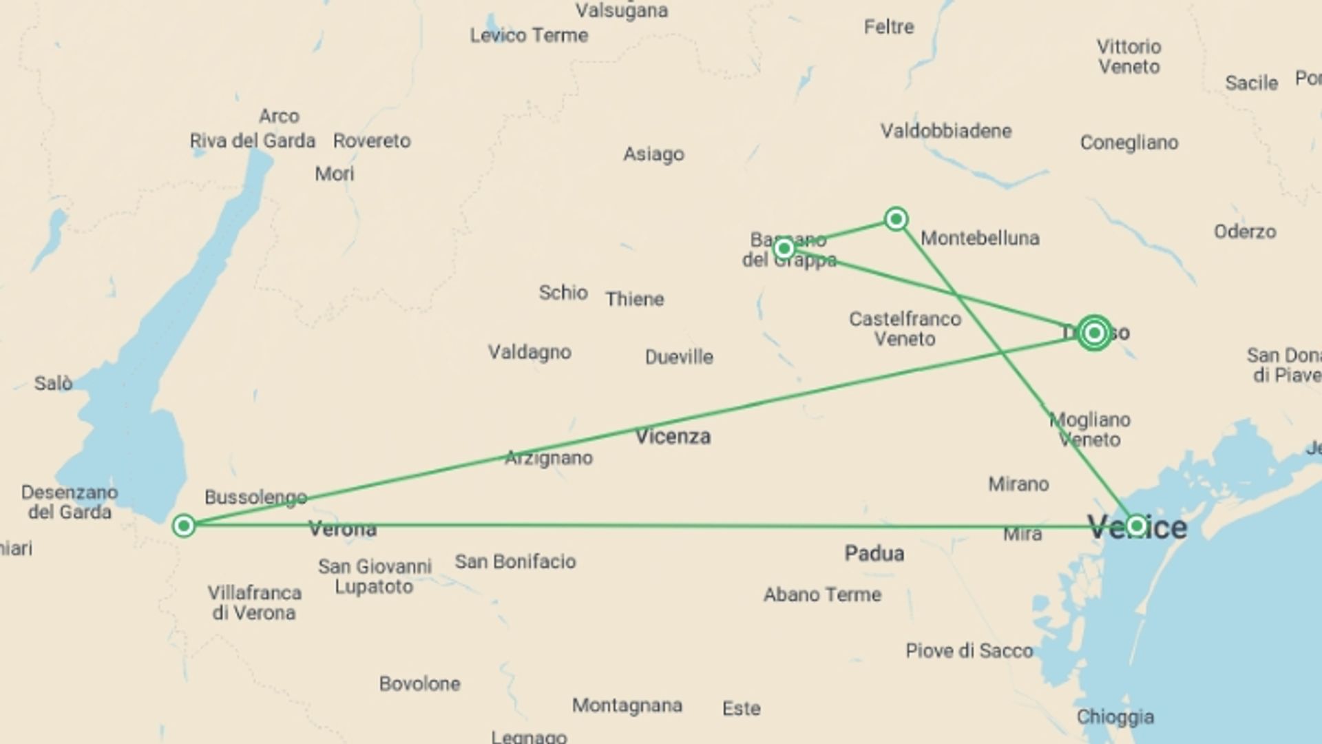 A map showing the tour itinerary for the trip: Spotlight on Northern Italy featuring Venice, Verona & the Dolomites, starting in Treviso, Italy and ending in Treviso, Italy going through 0 other destinations.
