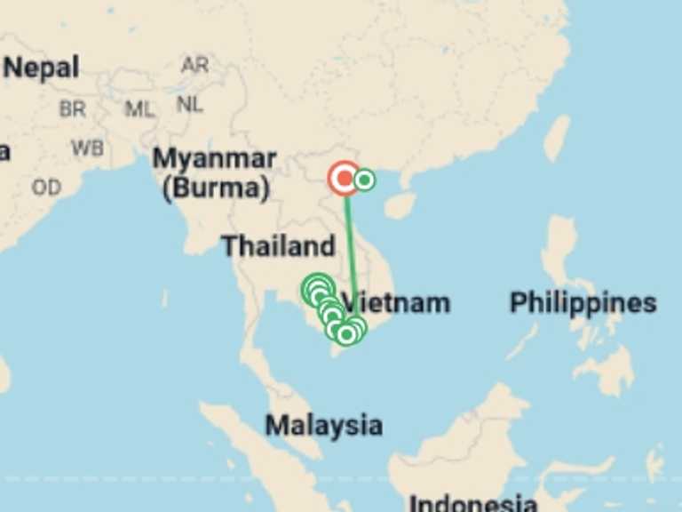Map itinerary of Hanoi Tour in April 2027 with 9 destination visits for the trip: From the Temples of Angkor to the Mekong Delta & Hanoi and Halong Bay (port-to-port cruise)