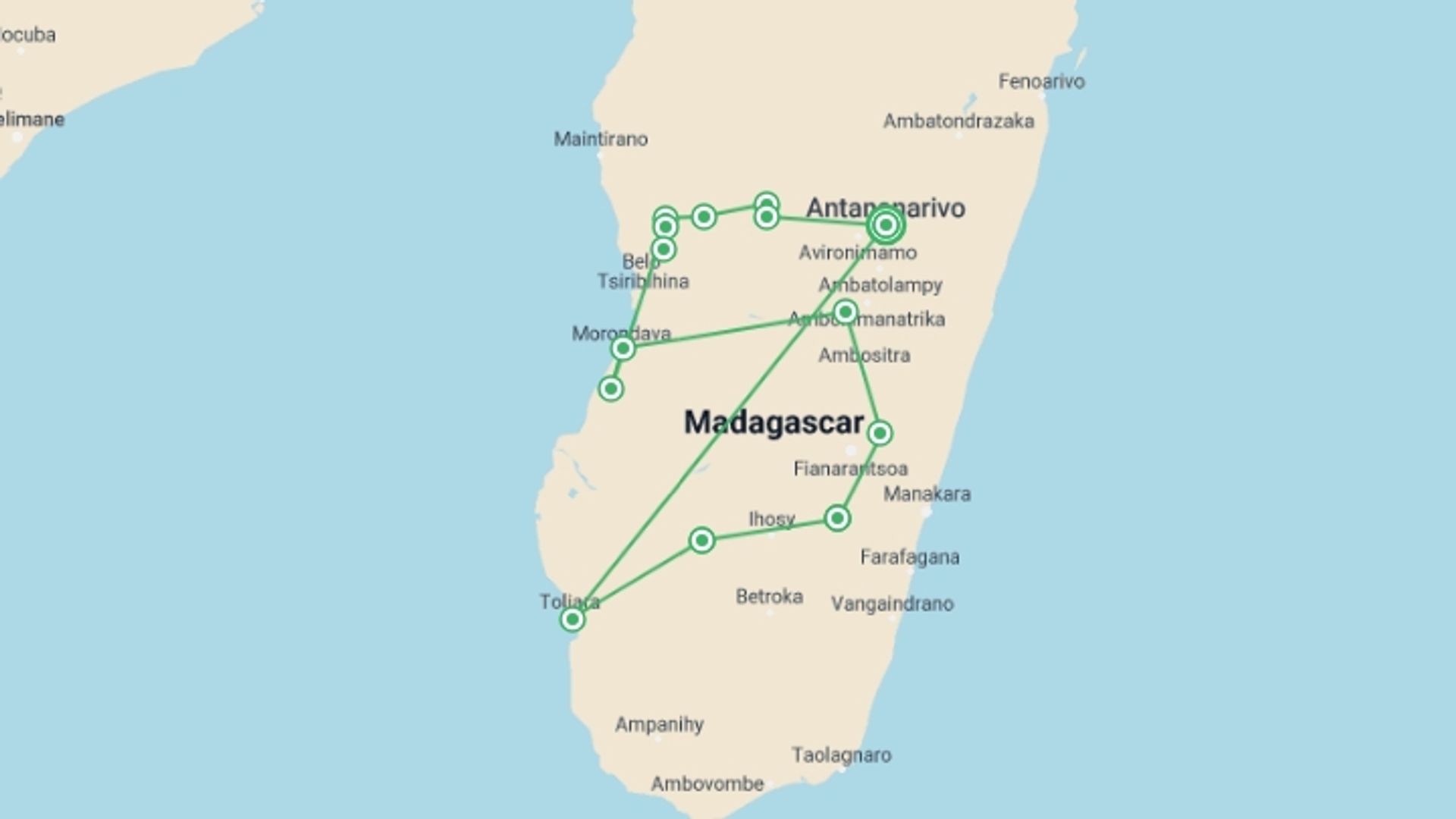 A map showing the tour itinerary for the trip: Madagascar Adventure, starting in Antananarivo, Madagascar and ending in Antananarivo, Madagascar going through 13 other destinations.