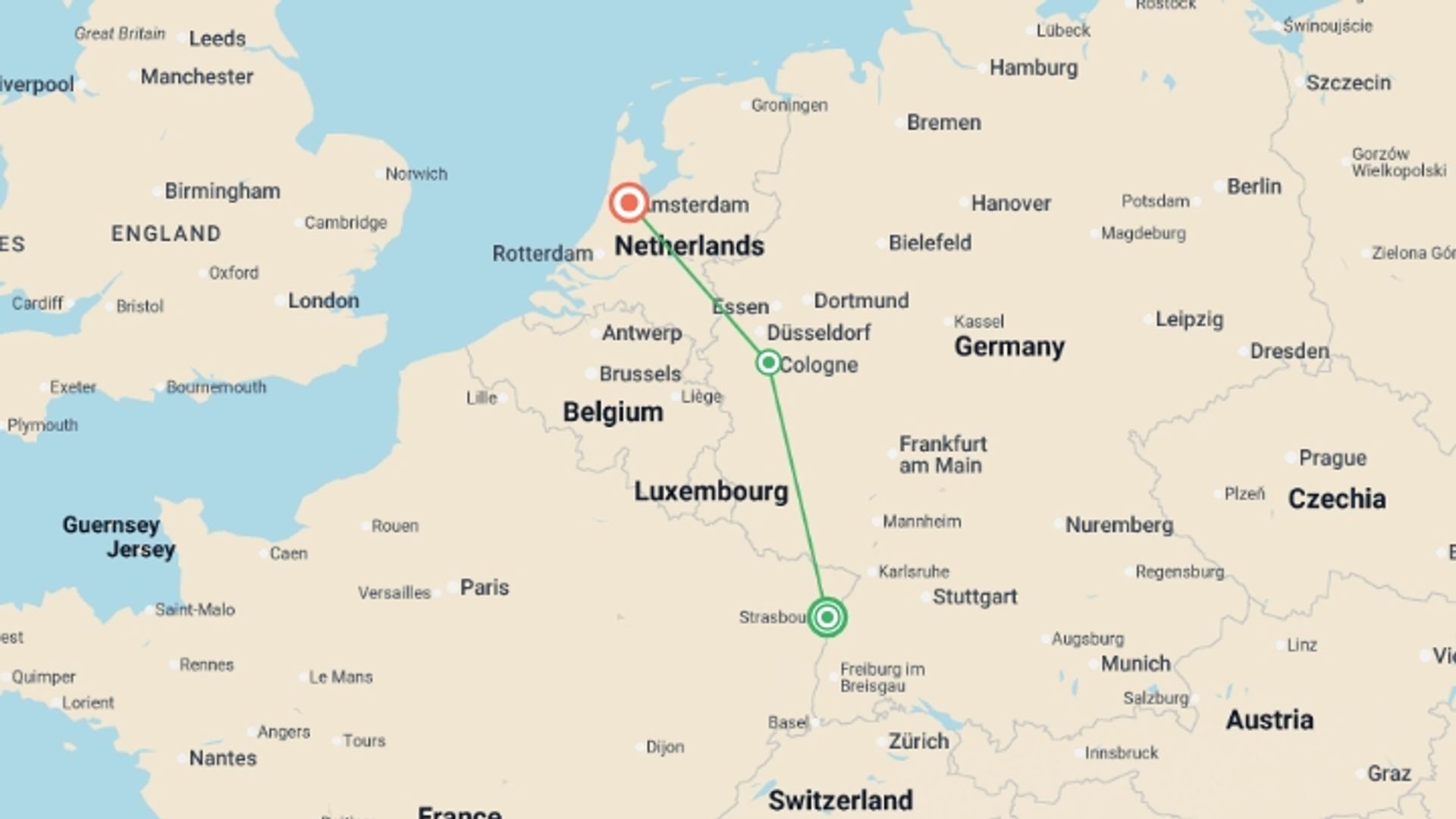 A map showing the tour itinerary for the trip: Rhineland and Dutch Christmas (port-to-port cruise), starting in Strasbourg, France and ending in Amsterdam, Holland going through 1 other destinations.
