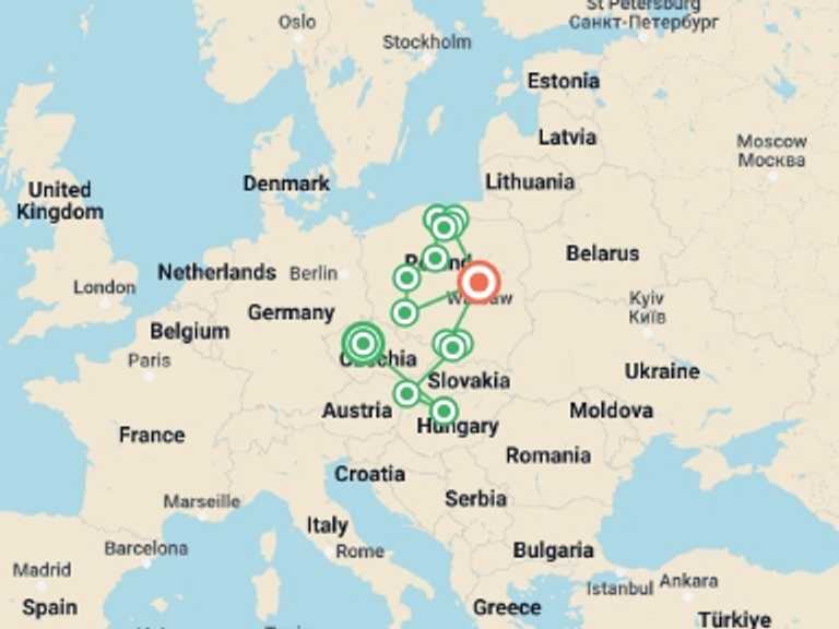 Map of Krakow Explorer Tour with 6 destination visits for the trip: Czech Republic, Budapest, and Tour of Northern Poland